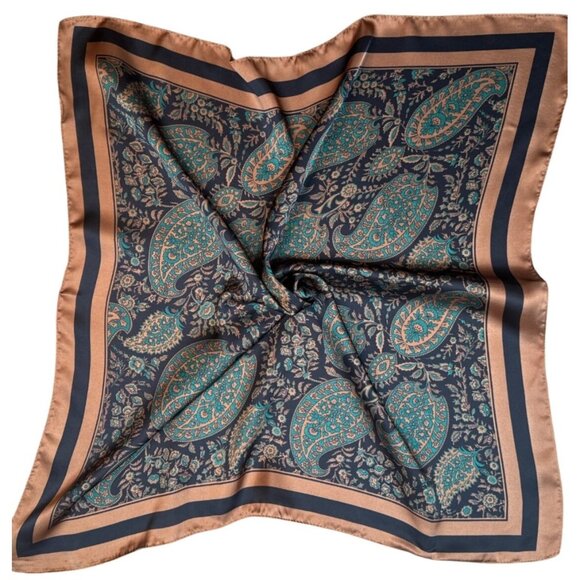 2/$30 NEW Coffee Mocha Green Print Abstract Paisley Printed Silky Fashion Scarf - Picture 2 of 8